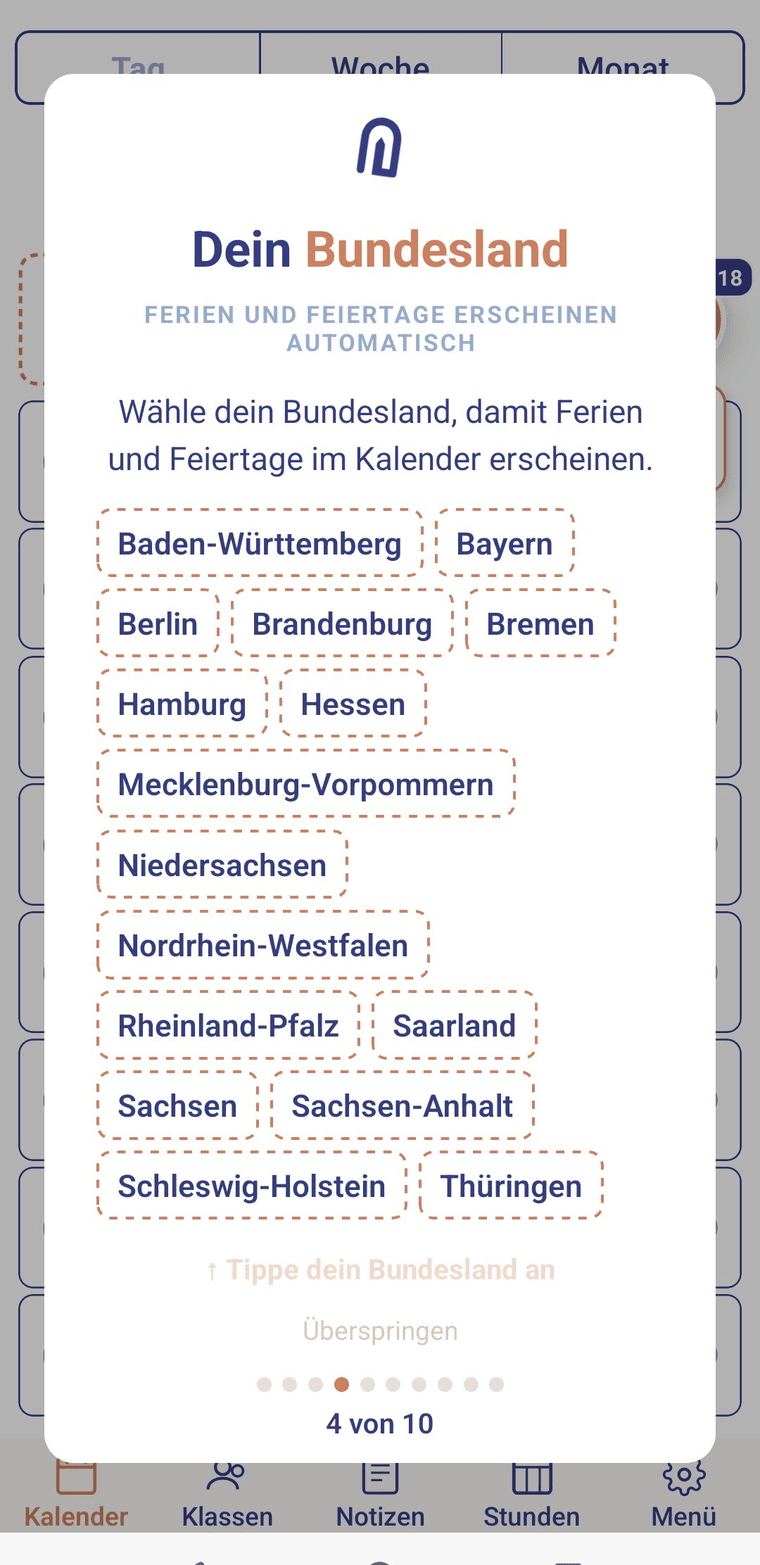 Bundesland auswählen für Ferien und Feiertage