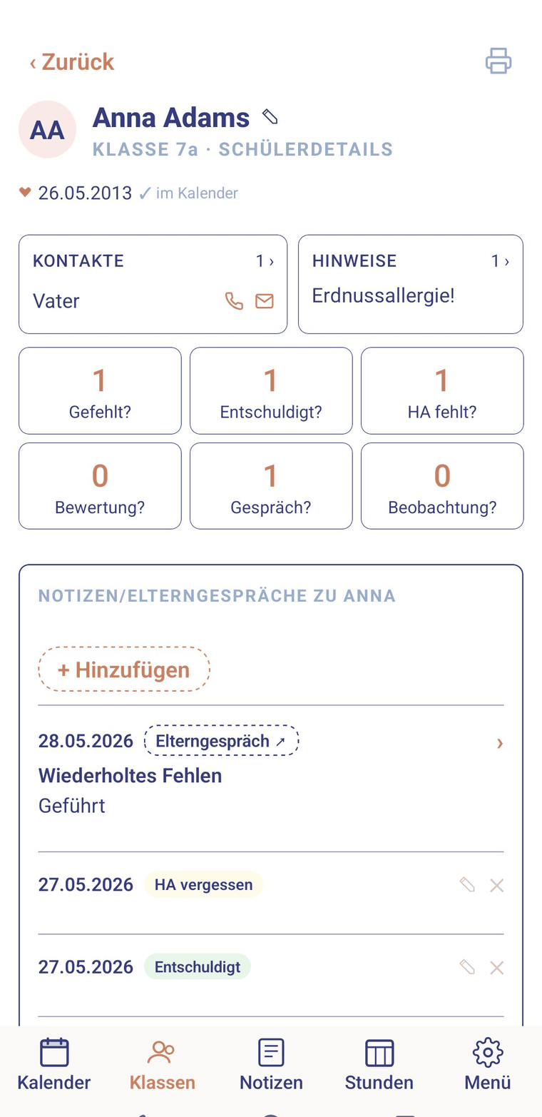 Schülerdetailseite mit gesammelten Einträgen