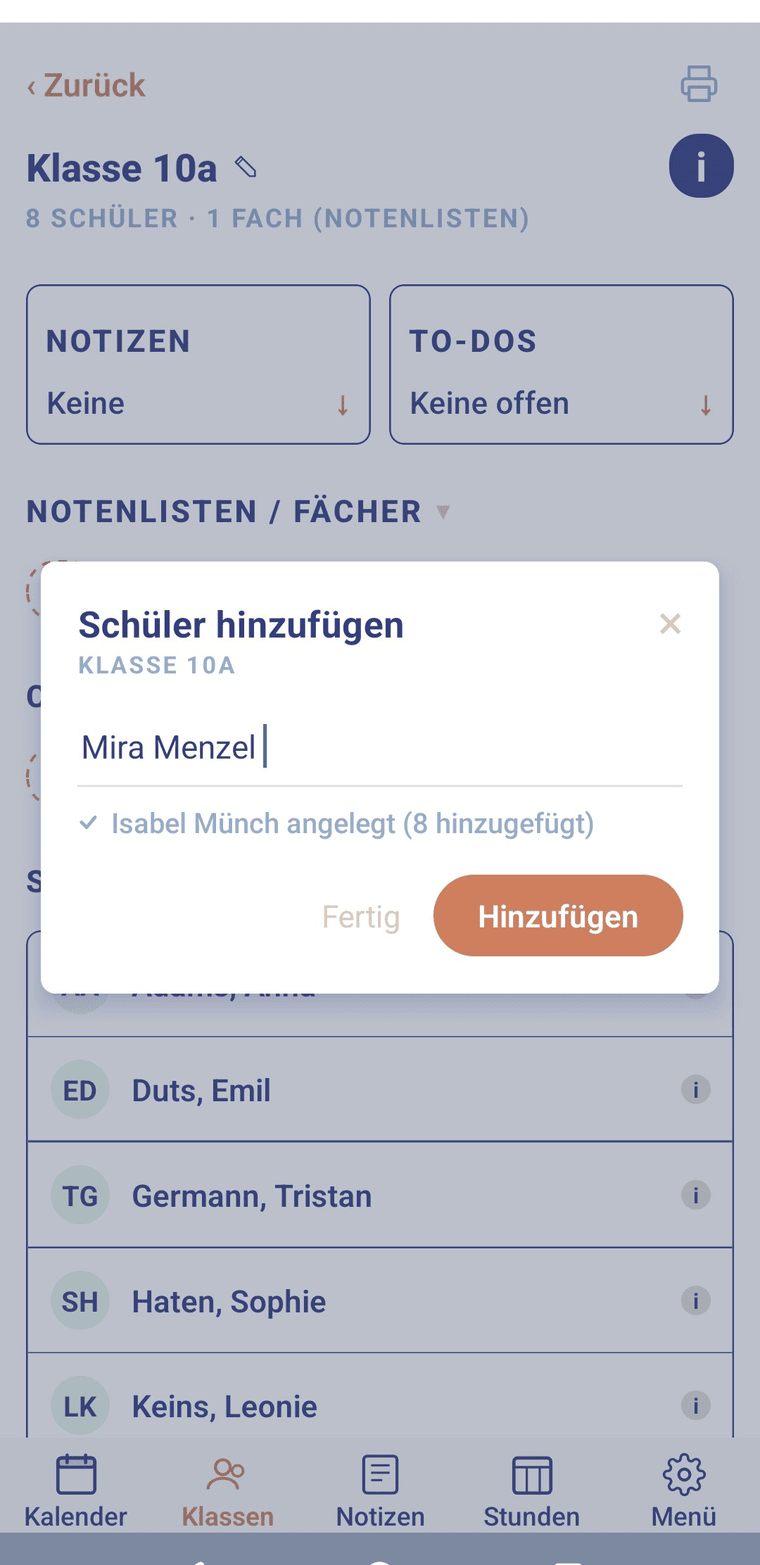 Schüler per Schnelltipp eintragen