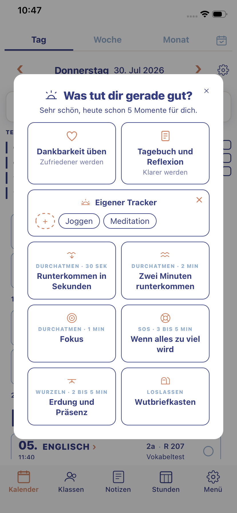 Selbstfürsorge in der Lehrerkalender App: Atemübungen, Tagebuch, Tracker