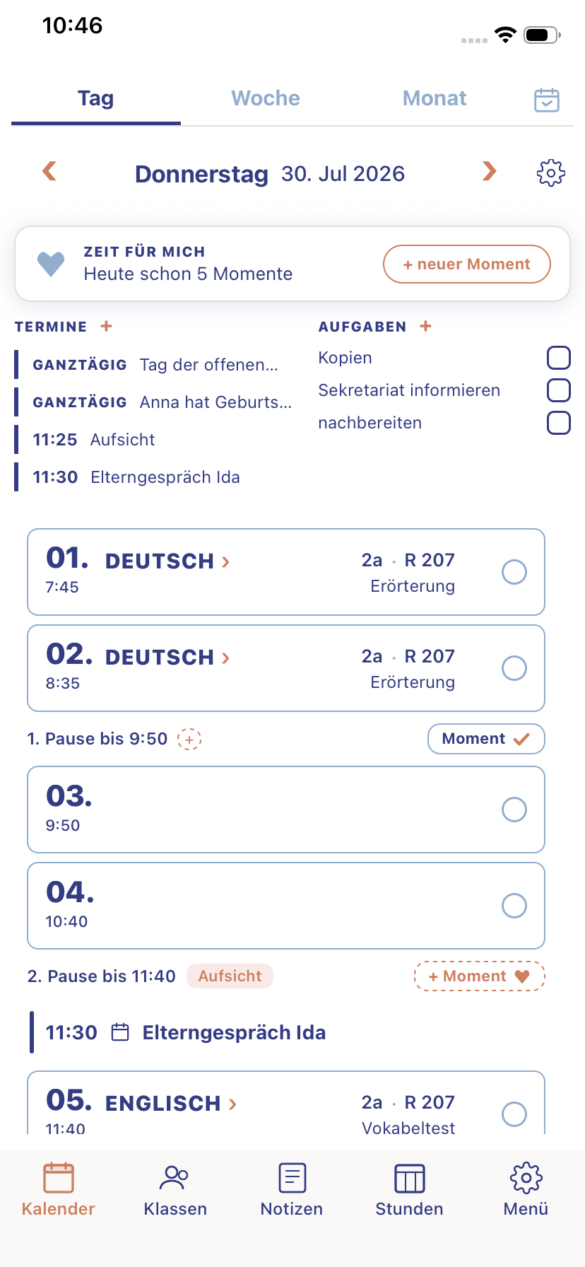 Tagesansicht mit Terminen in der Lehrerkalender App
